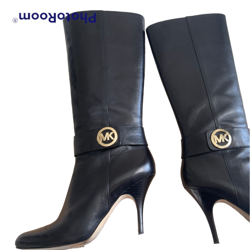 Michael Kors Caroline Boot Size 7.5M Black Leather Gold MK